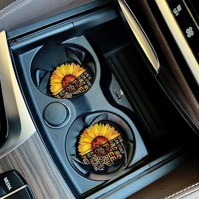 Car Coasters for Women 2 Pack, Ceramic Absorbent Cup Holders for Mother's Day, Keep The Car Clean and Dry, Auto Small 2.56" Coasters Set for Mum (Half Sunflower)