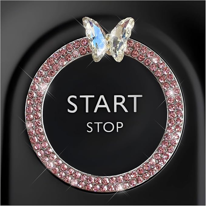 DXNQ Bling Ring Emblem, Sparkling Butterfly Car Buttons and Knobs Ring, Girly Butterfly Diamond Car Engine Start Button Cover, Key Ignition Knob Rings Decoration for Women (Pink, Double Row)