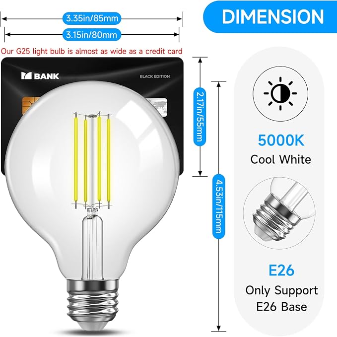 TJOY G25 Globe Light Bulbs, LED Edison Vanity Light Bulbs, Dimmable, 5000K Daylight White, 500 Lumens, 5.5W=60W, CRI80, Clear Vintage Filament Globe, E26 Base, 4 Pack
