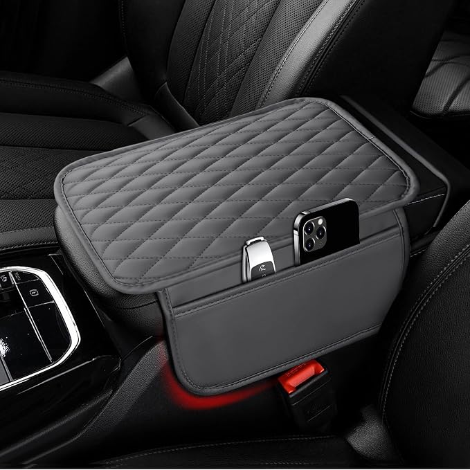Ouzorp Car Center Console Cover Upgraded Microfiber Leather Car Arm Rest Cover with 2 Storage Bags Universal Armrest Cover for Car Storage Box Car Interior Accessories Protector for Most Vehicle-Gray