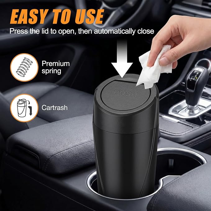 Outus 3 Pack Car Trash Can with Lid, Leakproof Car Garbage Can Cup Holder with 60 Bags Mini Trash Cans for Cars, Small Vehicle Garbage Bin for Cars, Office, Home, Bedroom, Black