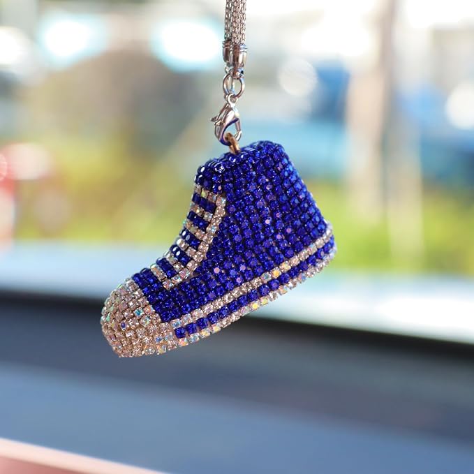 Bling Sneaker Shoe Sparkly Car Hanging Ornament, Cute Crystal Rear View Mirror Pendant, Diamond Rearview Mirror Charms, Lucky Car Interior Decor Accessories (Blue)