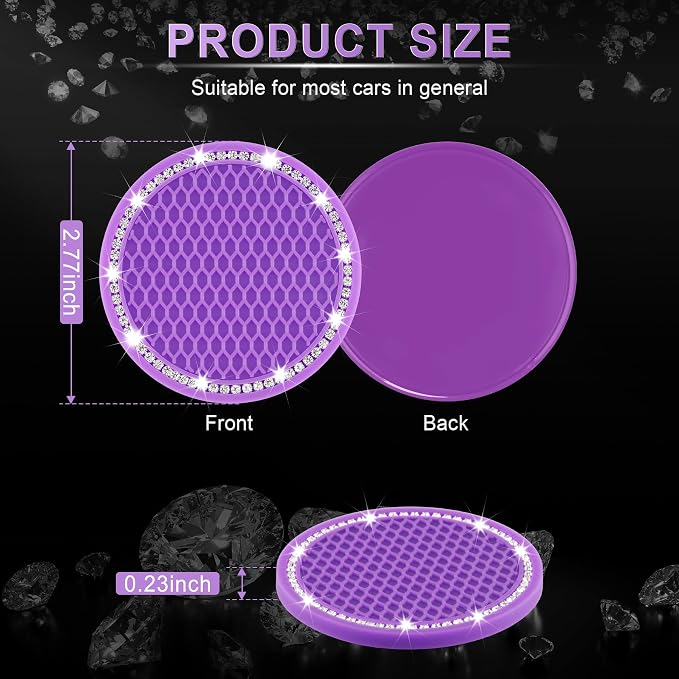 JUSTTOP Bling Cup Holder Coasters for Car,4PCS Universal Non-Slip Cup Holder,Rhinestone Decorative Coasters,Crystal Car Interior Accessories for Women(Purple)