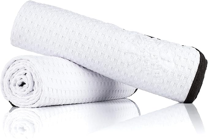 The Rag Company Dry Me A River, Professional Korean 70/30 Blend Microfiber Waffle-Weave Drying & Detailing Towels, Soft Suede Edges, 390 GSM, 20x40 Inches, White, 2-Pack