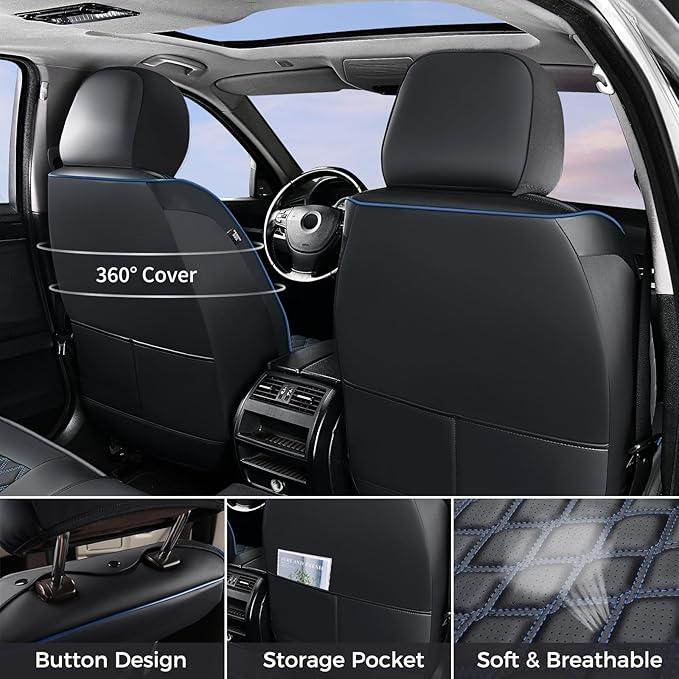 Huidasource Wrangler JK Seat Cover 4 Door, Leather Custom Car Seat Covers, Front&Rear Seat Cushion Protector Fit for Jeep Wrangler JK 4-Door Sahara Sport Rubicon 2007-2017(Full Set/Black&Blue)