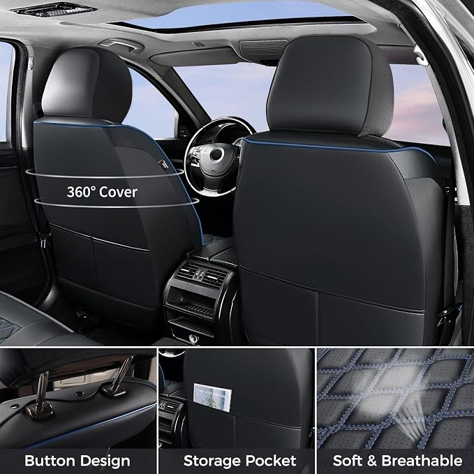 Huidasource Front Seat Covers for Jeep Wrangler JL 2-Door/4-Door 2018-2026, Waterproof Faux Leather Wrangler JL Front Seat Covers, Covers Fit Full Coverage Front Seat Cushion(Front Pair/Black&Blue)