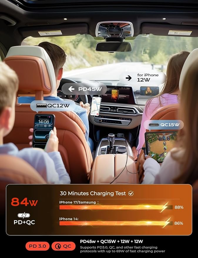 LISEN Retractable Car Charger, 84W Car Charger USB C Fast Charge, Multi Cigarette Lighter Adapter, 4 in 1 Car Accessories Birthday Gifts for Men Women Dad Mom Husband, for iPhone 17 16 15 14 13 12 X