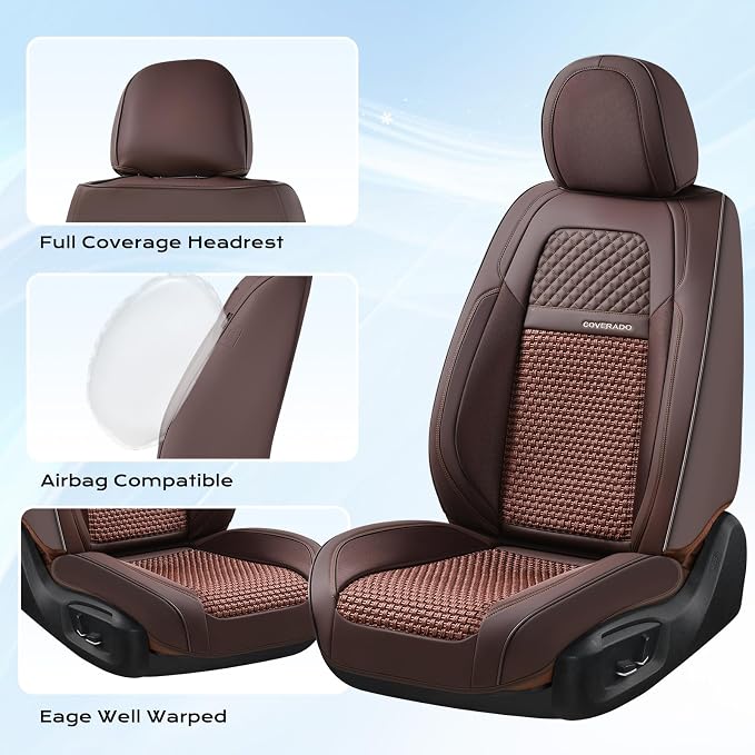 Coverado Car Seat Covers Full Set, 5 Seats Car Seat Protector, Universal Breathable Car Seat Covers Front Seats Back Seats, Car Seat Cushion Fit for Most Vehicles Brown