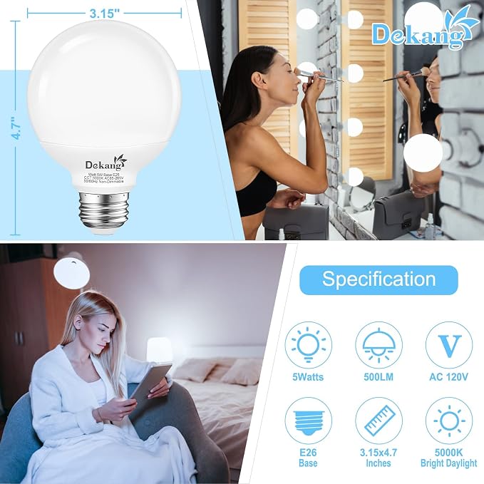 20-Pack G25 LED Globe Light Bulbs for Bathroom 5000K Daylight White, E26 Base Vanity Light Bulbs 60W Incandescent Equivalent, 5W Round Light Bulb, 500LM, CRI 85+, Non-dimmable