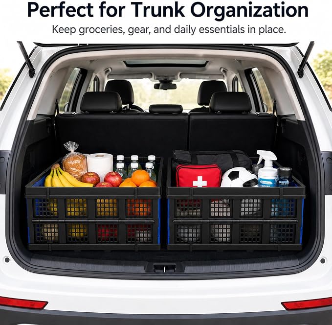 Collapsible Storage Crates 3 Pack, Stackable Foldable Storage Bins for Garage, Car Trunk, Warehouse & Home Organization, Heavy Duty Plastic Utility Crates, 49L, Blue