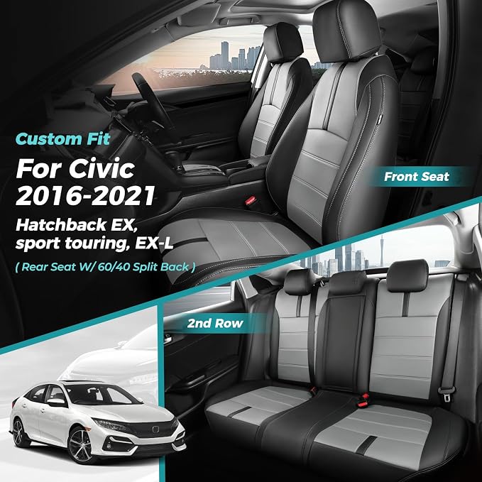 Seat Covers for Honda Civic Hatchback LX, EX, EXL, Sport, Touring, 2016-2021, Faux Leather Car Seats Cover Full Set Seatback Waterproof, Black Grey (60/40 Split Seatback)