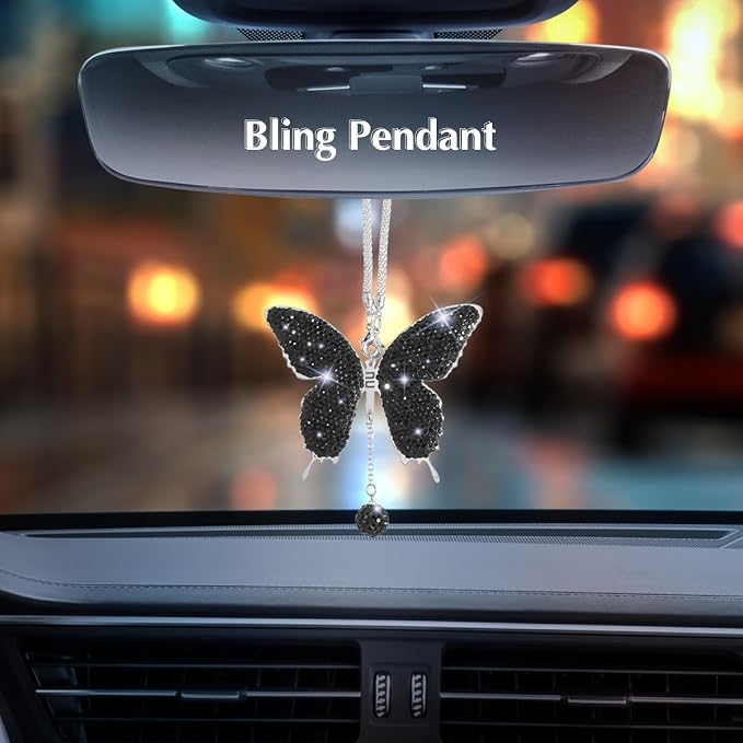 ARTILAURA 11 PCS Bling Car Accessories Set for Women Steering Wheel Covers Butterfly Hanging Seat Belt Cover Air Vent Clips Coasters Cute Glitter Diamond AUTO Accessories Kit (Black)