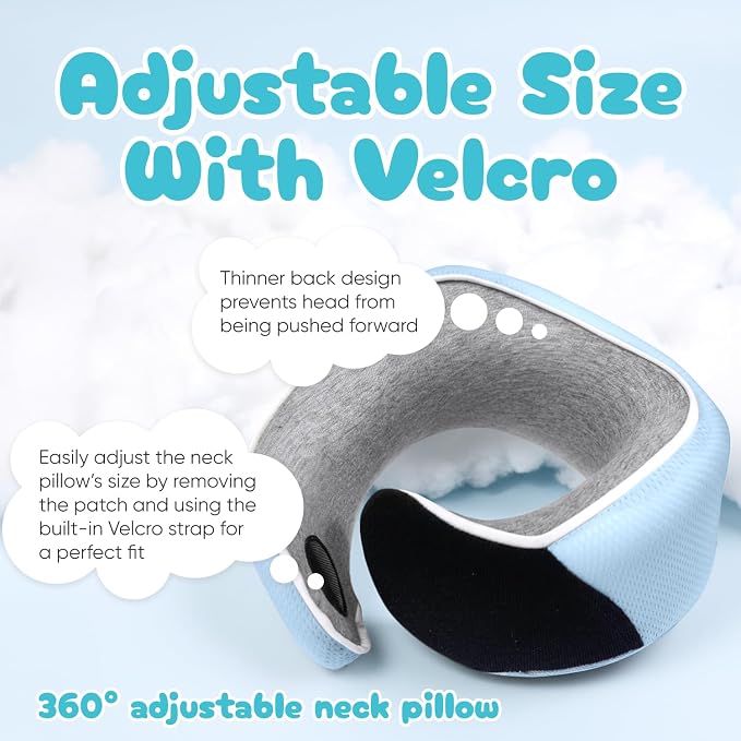 Proglobe Junior Kids Travel Neck Pillow - Ergonomic Memory Foam Pillow for Airplane, Car, Booster Seat - Soft, Washable, Compact Travel Pillow with Strap - Light Blue - Ages 4 Years and Up