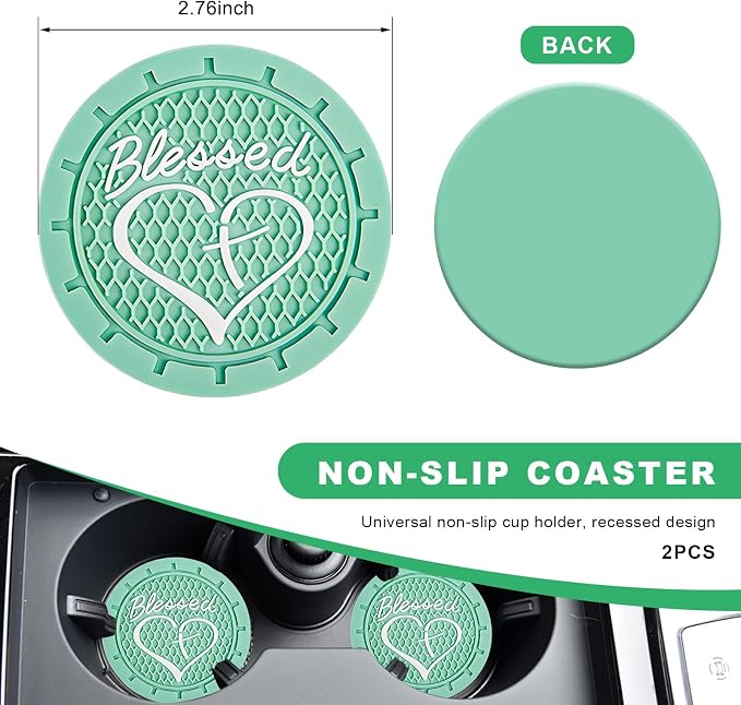 2 PCS Car Cup Holder Coaster, 2.76 Inch Non-Slip Auto Drink Mats with Blessed Cross and Heart, Shockproof Christian Cup Insert Coaster for Most Vehicles, Car Accessories (Mint Green)