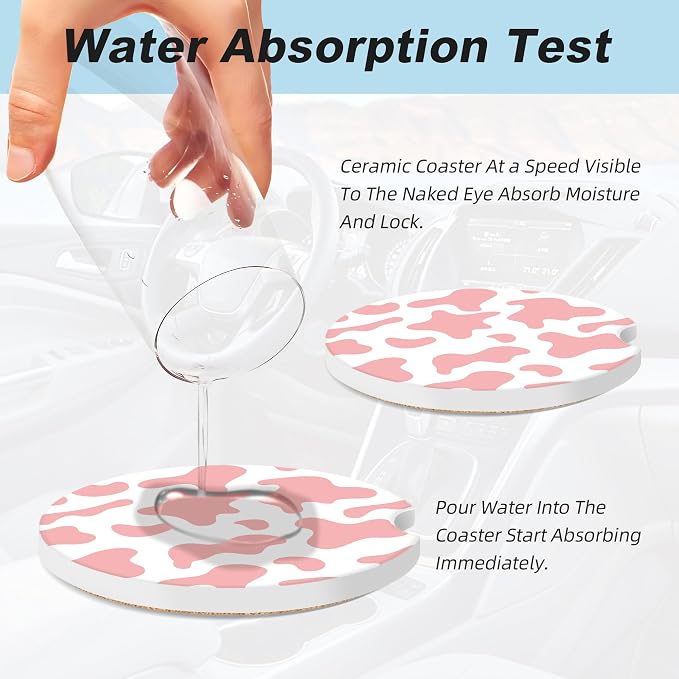 Pink White Cow Print Car Coasters for Cup Holders,2 Pack Car Cup Holder Coasters for Car,Ceramic Absorbent Car Coaster with A Finger Notch and Cork Base,Car Interior Accessories for Women Men