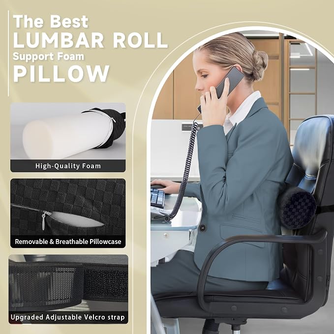 Coeyese Lumbar Roll Pillow for Lower Back Support, Black, Long-15*4.3'' | Removable Pillowcase, Upgraded Adjustable Strap, Suitable for Office, Chair, Car, Seat Pain Relief & Improving Posture