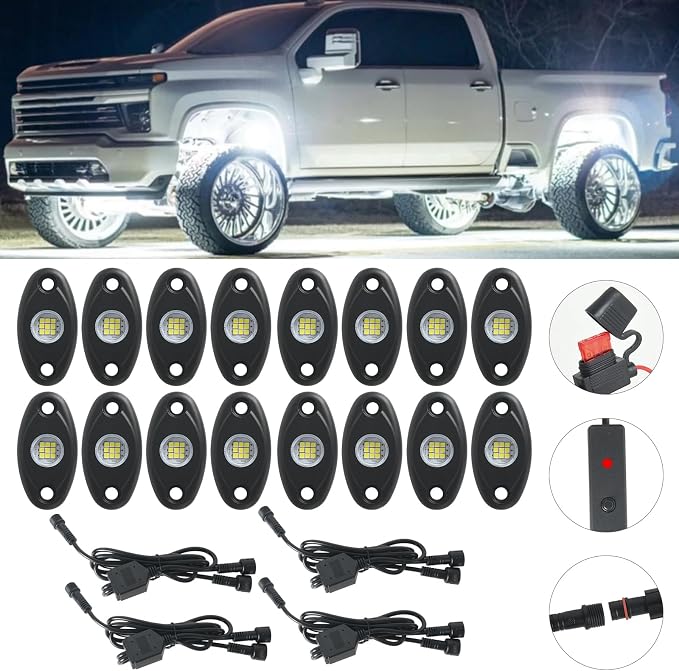 16pods Pure White Led Rock Lights 6000k Aluminum Alloy Super Bright IP68 Waterproof for Utv ATV SUV RZR Rv Trucks Pickup Car Boats Neon Underglow White Rock Lights with Switch Kit