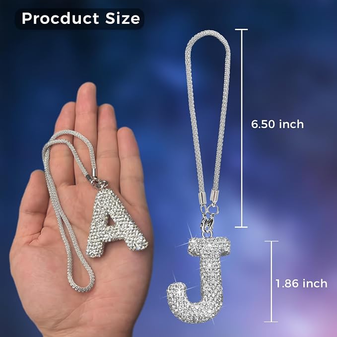 Bling Car Accessories for Women Letter Charm, Rear View Mirror Ornament Cute Hanging Crystal Pendant Girl Car Decorations, Lucky Diamond Rhinestone Girly Charm Interior (White J)