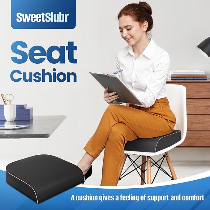 SweetSlubr Seat Cushion for Tailbone Pain Relief, Office Chair Cushion, Memory Foam Large Chair Pad with Non-Slip Cover for Soft Support at Office Chair, Car Seat, Airplane Black/2X-Large