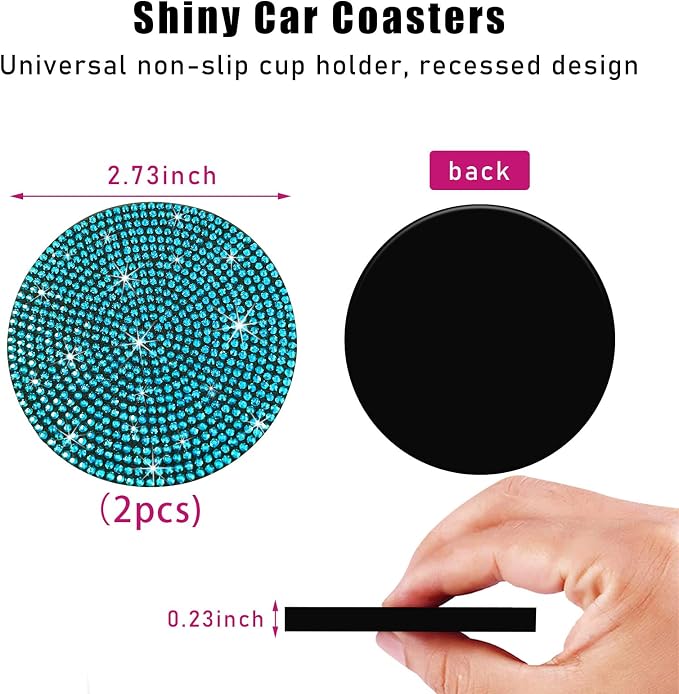 Ziciner 2PCS Bling Car Cup Holder Coaster, 2.73 Inch Anti-Slip Cup Insert Coasters, Crystal Rhinestone Auto Drink Cup Mat, Universal Interior Decor Car Accessories for Women Girls (Light Blue)