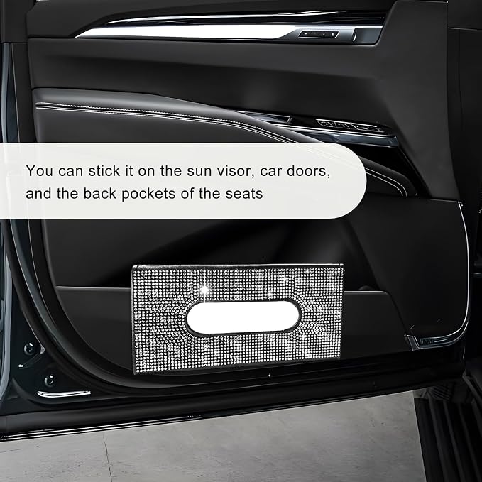 Bling Car Sun Visor Tissue Box Holder, Sparkling Auto Sun Visor Napkin Box Mask Holder, PU Leather Glitter Rhinestone Backseat Paper Towel Case for Cars Trucks SUVs (White)