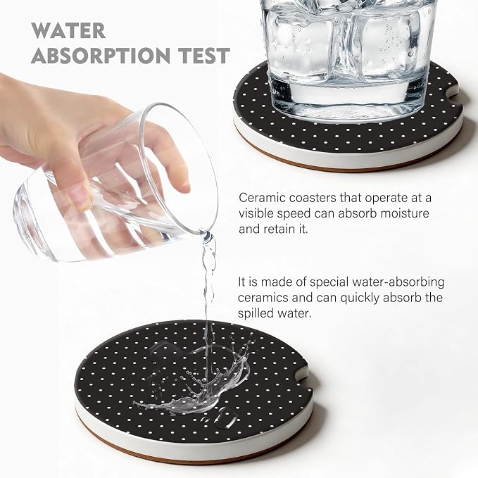 2 Pack Car Coasters for Cup Holders, Absorbent Ceramic Cup Coaster with Cork Base and Finger Notch, Cute Car Accessories Interior for Women Men (Black Polka Dots)