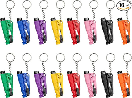 16 Pcs 3-in-1 Car Window Breaker Seatbelt Cutter Keychain Portable Emergency Escape Tool | Survival Whistle, Car Safety Accessories, Multi Car Families Ride Share Fleets Fathers Day Gifting
