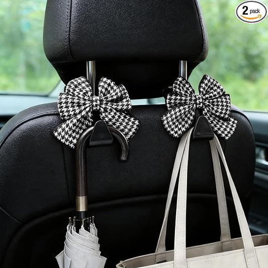 2PCS Car Seat Headrest Hooks, Car Purse Hook, Cute Bow Knot Vehicle Seatback Hanging Storage Organizer, Auto Seatback Decor Organizer Hanger for SUV Truck (Houndstooth/Black)