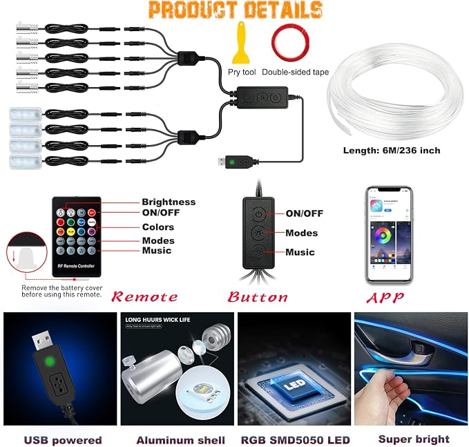 Jushope Car LED Lights, Interior Car Lights with Wireless APP/RF Remote/Button Control, Car Ambient Lighting Kit with 236" Integrated Molding Fiber Optic RGB Sync to Music (9 in 1-USB)