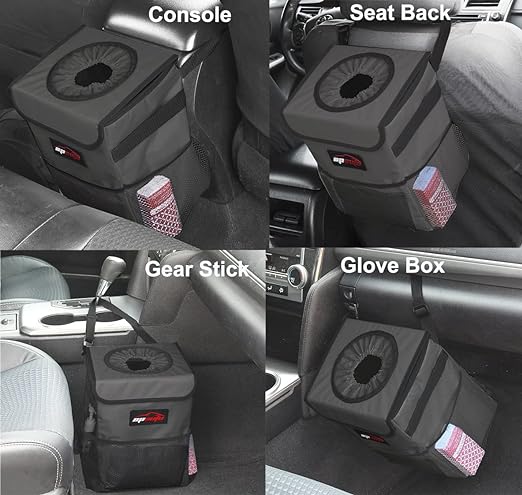 EPAuto Waterproof Car Trash Can with Lid and Pockets, 2.5 Gal, Dark Gray | Leakproof, Collapsible Multipurpose Car Bin with 3 Side Storage Pockets, Adjustable Straps