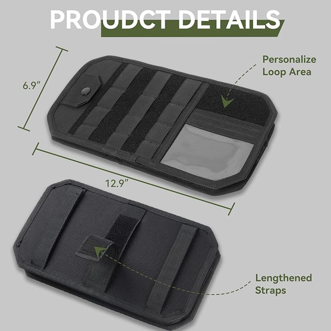 Sun visor organizer Molle Tactical car Zipper Storage Pouch & Glasses Clip | Police Tactical Visor Molle Panel Interior Vehicle pocket Accessories for Truck Suv Police Car Gear Supplies (Black)
