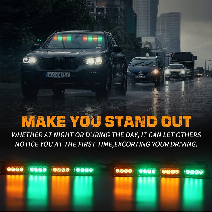 XRIDONSEN 2x 14 inch Amber Green Emergency Dash Lights 32 LED Strobe Lights | Interior Safety Warning Hazard Caution Front/Rear Windshield Light Bar w/ Controller for Construction Vehicles Trucks Car