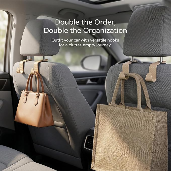 4PCS Car Seat Headrest Hooks, Auto Back Seat Hanger Holder, Durable Stylish Vehicle Organizer Universal Car Interior Accessories, Storage Hooks for Purses, Bags, Clothes (Carbon Fiber/Beige)