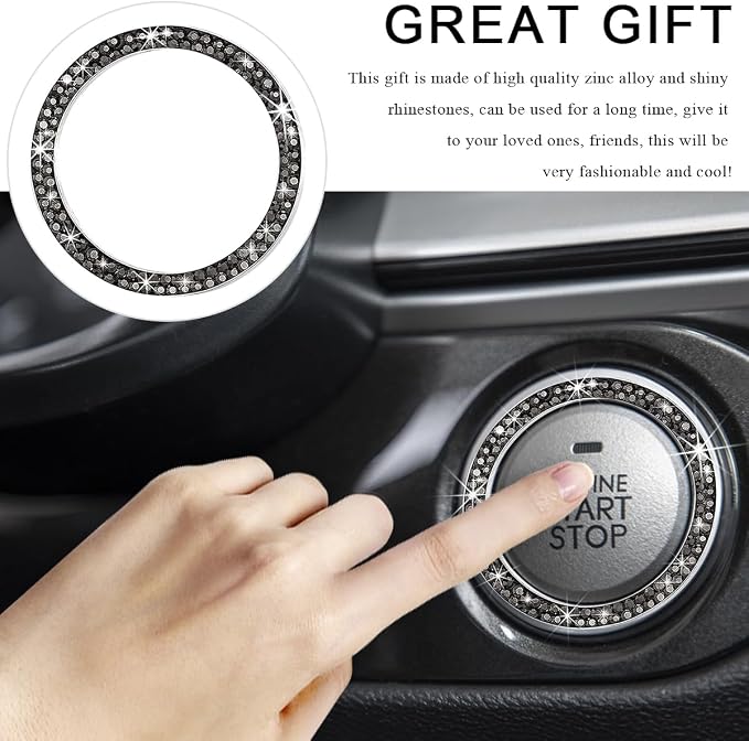 Car Bling Crystal Rhinestone Engine Start Ring Decals, Sparkling Diamond Car Push Start Button Ignition Ring Sticker, Auto Key Ignition Knob Ring Decoration for Women Girls (Bright Black)