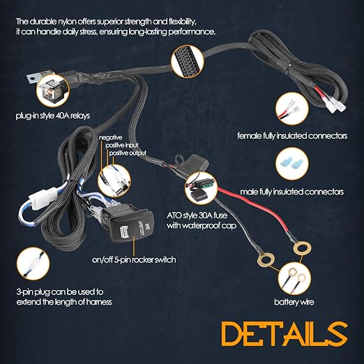 Nirider Wiring Harness 1 Lead, 12V 40A Rocker Switch Relay Fuse Nylon Wiring Harness Kit for LED Light Bars Fog Lights Work Lights Driving Lights Offroad LED Pods Wire Kit for Truck UTV ATV Boat