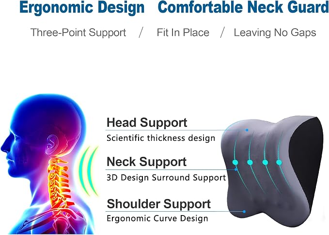Car Neck Pillow for Neck Pain Relief and Cervical Support,Memory Foam Car Pillow for Car Seat with Adjustable Strap and Breathable Removable Cover,Car Headrest Pillow for Ergonomic Design (Gray)