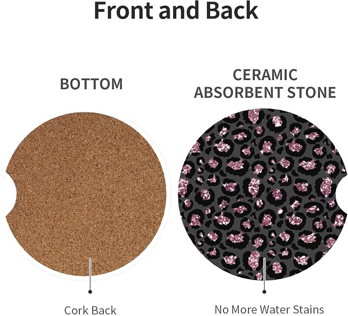 Absorbent Car Coasters for Cup Holders, 2 Pack Universal Anti Slip Ceramic Cup Coaster for Women Men 2.56 Inch Car Interior Accessories - Black Pink Leopard 005