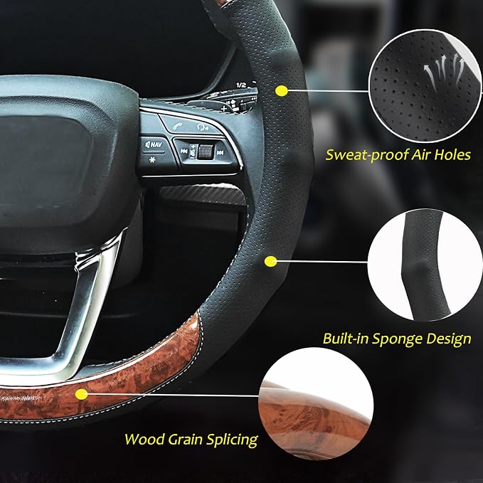 Wood Grain Steering Wheel Cover Car Steering Wheel Covers 14.5-15 inch with Coasters Microfiber Leather Splicing Breathable Anti-Slip Durable Universal Auto Steering Wheel Protective | Black and Wood Car Steering Wheel Covers Leather Microfiber Splicin...