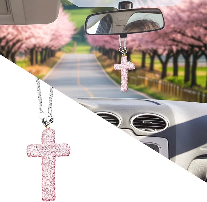 Bling Car Rear View Mirror Accessories Hanging Pendant,Cross Crystal Rhinestone For Car Mirror Hanging,Double-Sided Cross Diamond Religious,Interior Men Women Car Accessories