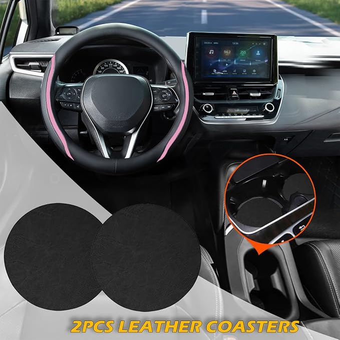 Steering Wheel Cover Black and Pink Leather Universal 14.5-15 inch | Car Steering Wheel Covers with Coasters Microfiber Breathable Anti-Slip Durable Steering Wheel Accessories Set for Woman