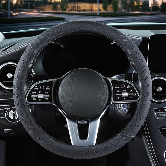 3D Slim Soft 15 inch Leather Steering Wheel Cover Black | Breathable Anti-Slip Premium Skin-Feel Perforated Thin Nappa Leather, Universal 14.5 inch to 15 inch