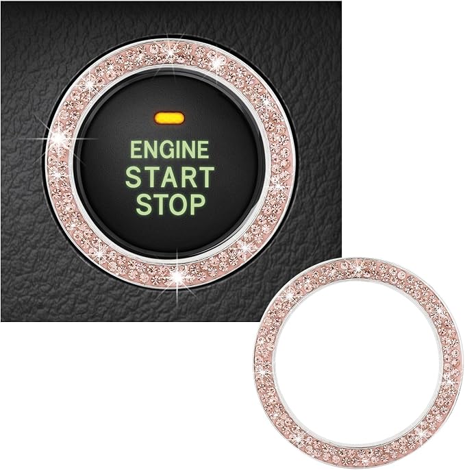 Kewucn Bling Crystal Double Rhinestone Car Engine Start Decoration Ring, Sparkling Push Start Button Sticker, Key Ignition & Knob Ring Decoration, Bling Car Interior Accessory(Peach)