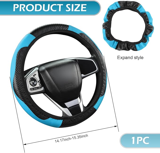 Leather Car Steering Wheel Cover,15 Inch Carbon Fiber PU Elastic Steering Wheel Protector, Anti-Slip Breathable Driving Wheels Covers, Universal Car Interior Accessories (Blue)