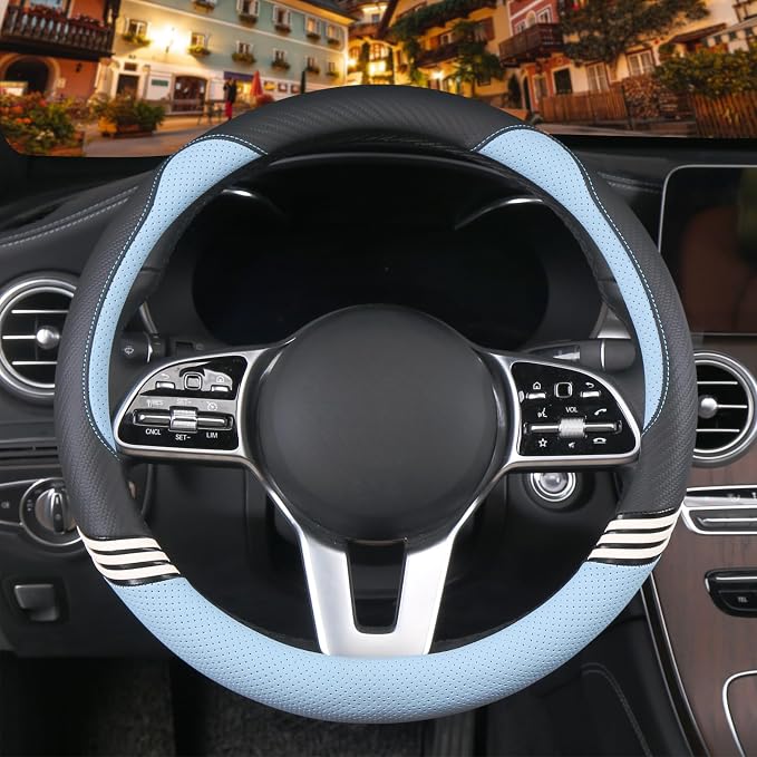 Small 14 inch Cute Leather Steering Wheel Cover Black and Blue | Breathable Non-Slip Faux Leather and Carbon Fiber Car Accessories for Women Men 13.5 inch to 14 inch