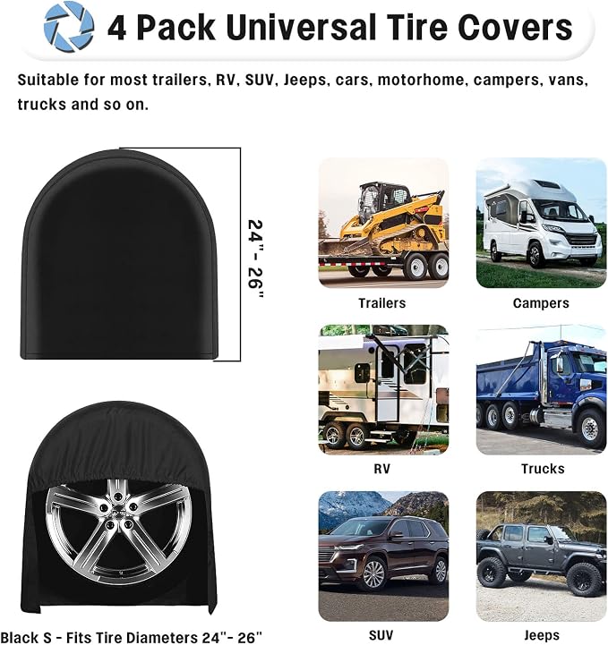 OutdoorLines Waterproof Tire Covers Set of 4 | UV Proof Trailer Wheel Cover for RV Jeep Trailer Camper Van Truck, Universal Tire Covering Fits Diameters 24"-26", Black
