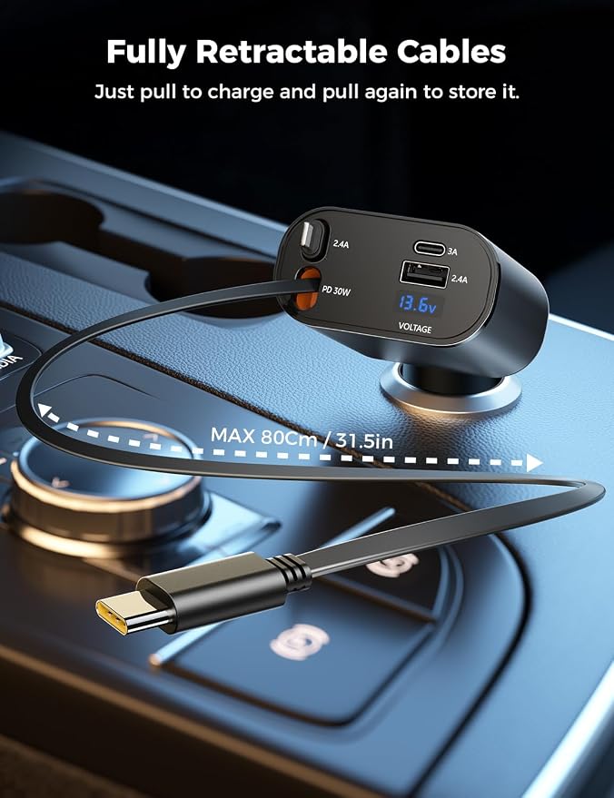 [Upgraded] SUPERONE Retractable Car Charger 4 in 1 Fast Car Phone Charger | USB C and Apple Multi Car Adapter with Cord 2.6ft, Compatible with iPhone 17 16 15/15 Pro Max/14/13/12/11, Galaxy, Pixel