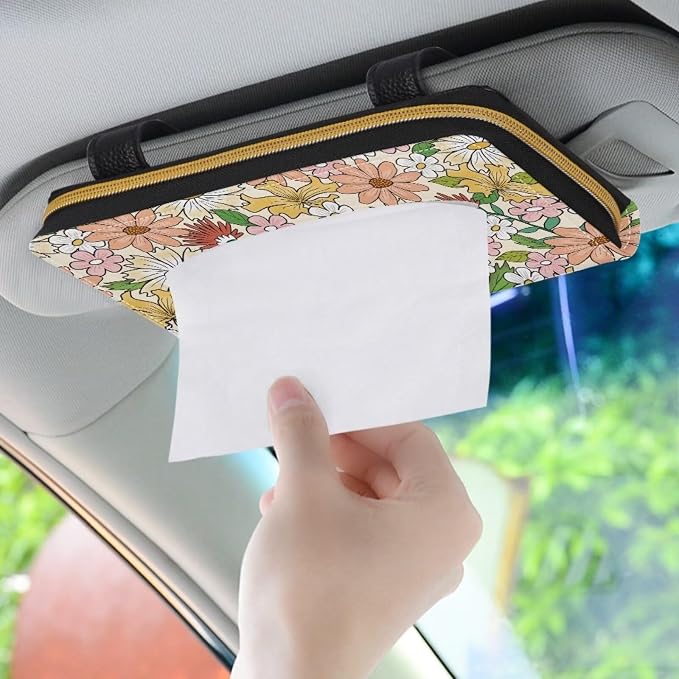Floral Print Car Sun Visor Tissue Holder PU Leather Tissue Box Car Visor Accessories Automotive Visor Tissue Holder PU Leather Backseat Tissue Box