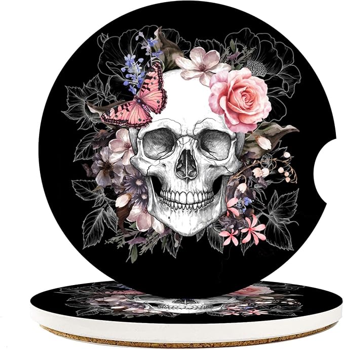 Britimes Car Coasters for Drinks Absorbent, 2 Pack Cup Holders, 2.56" Ceramic Stone & Non-Scratch Cork Base Coasters Cupholder, Auto Accessories for Women & Men, Skull Flowers Vintage Rose Floral