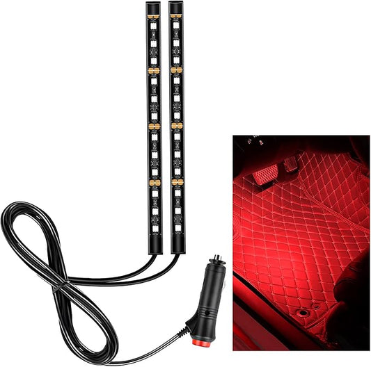 Car LED Strip Light, 12V 24 LEDs RGB Car Atmosphere Lamp with Cigarette Adapter Plug, Vehicle Under Dash Floor Ambient Night Decorative Lighting Kit (Red)