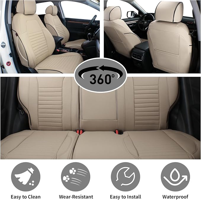 EKR Car Seat Covers for Honda CRV 2012-2014 LX Leatherette Full Set | Custom Fit for Honda CRV 2012 2013 2014 LX ,Factory-Style Interior Upgrade,Faux Leather(Beige)